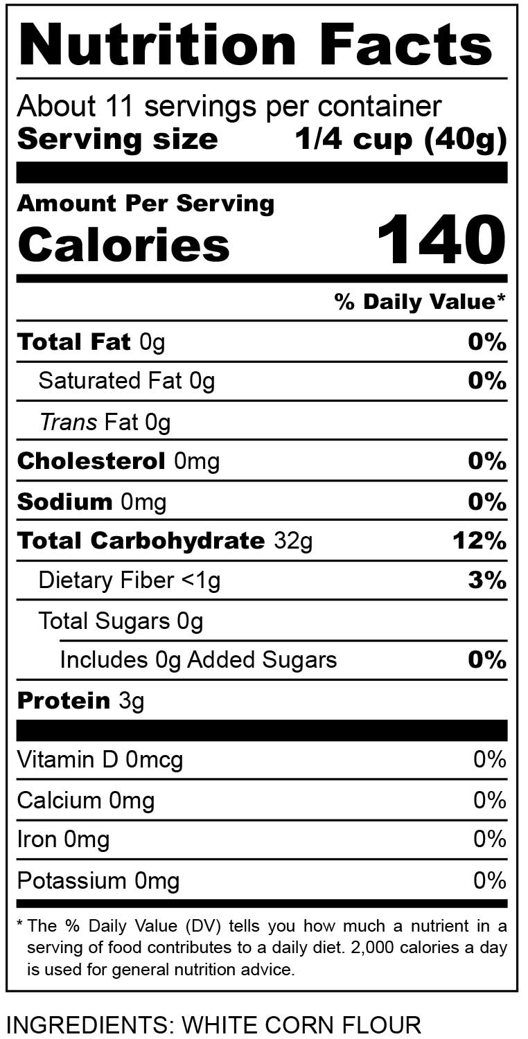 nutritional facts for Snow White corn flour