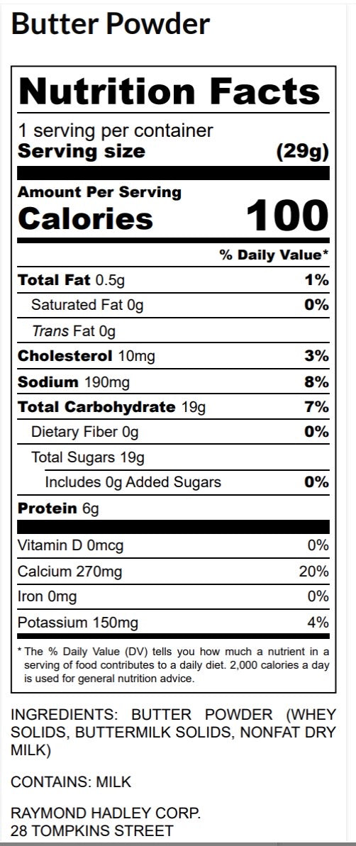 Nutrition facts for butter powder