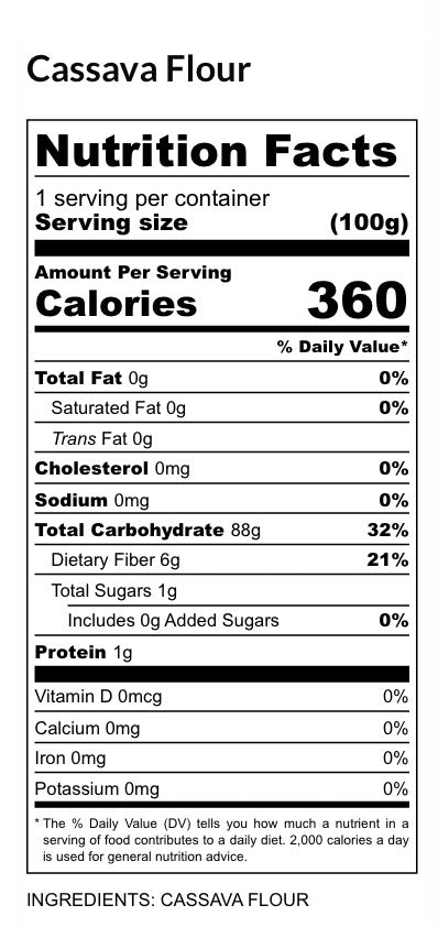 Nutrition facts label for cassava flour