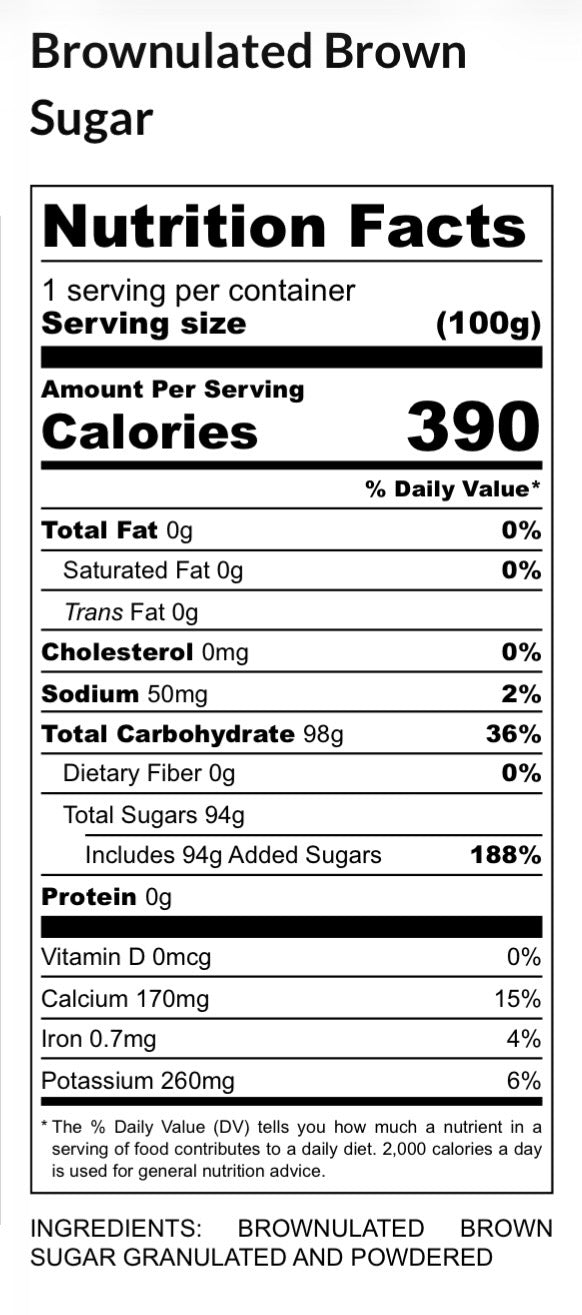 Nutrition facts label for brownulated (free flowing) brown sugar