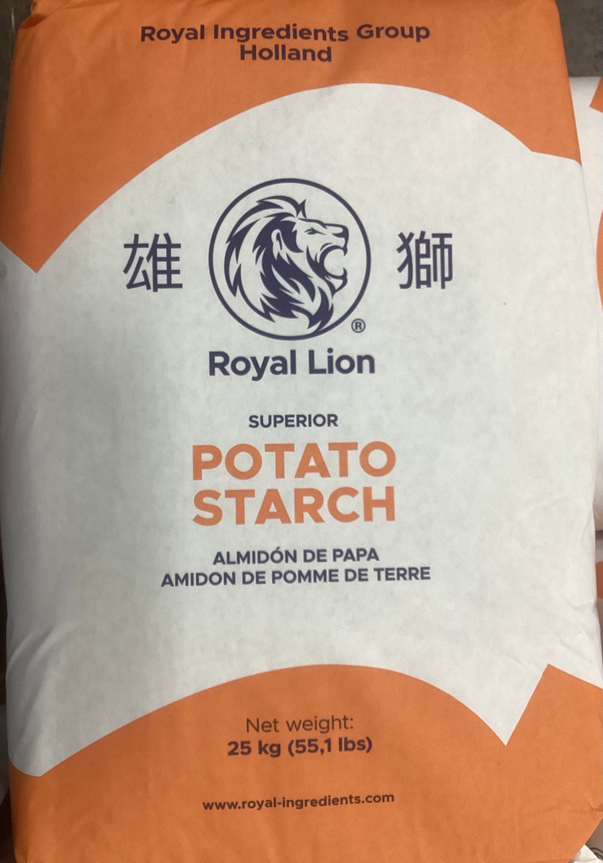 A 55 lb. bag of Royal Lion Superior Potato Starch, featuring a white bag with orange curved accents and a dark blue lion logo in the center.