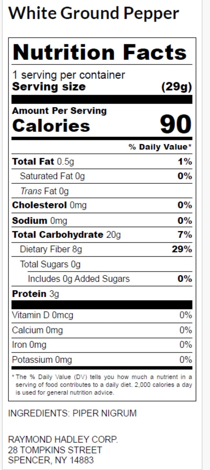 Nutrition Facts label for White Ground Pepper, showing serving size, calories, nutrients, and ingredients information on a black background.