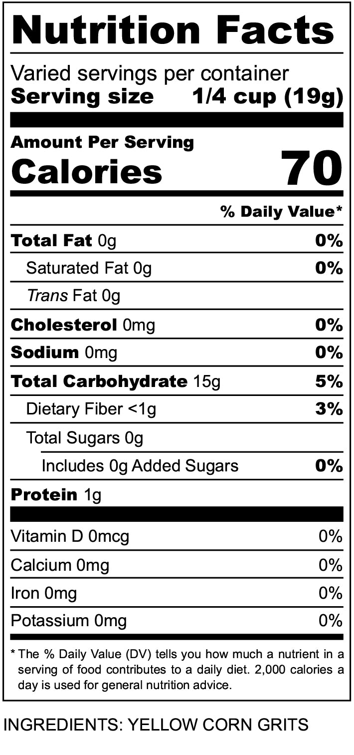 nutritional facts for Yellow corn grits (#18)