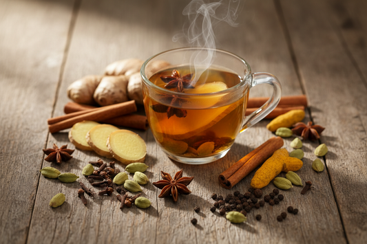 Cold season spices for teas like ginger, cinnamon, turmeric and pepper 