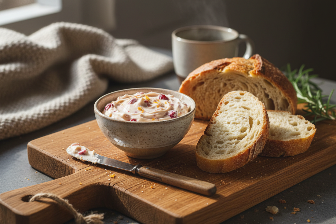 Cranberry butter served with fresh bread on rustic wooden table