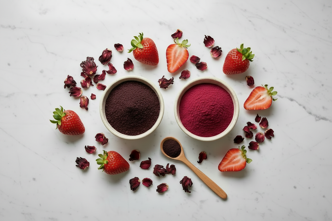 Hibiscus and Strawberry Powders set in bowls to show color. Strawberries and Hibiscus Flowers around the two bowls 