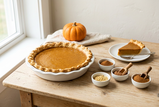 Half Pound Sizes Blog image with a pumpkin pie and spice bowls on the right side
