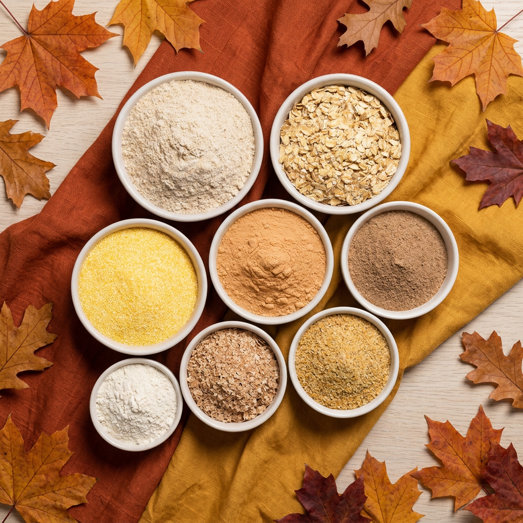 Fall-themed Flours & Grains collection image featuring oats, corn, bran and flours from RHBULK