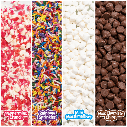 Fun Bundle color block with all the ingredients. Peppermint crunch, rainbow sprinkles, mini marshmallows and milk chocolate chips 
