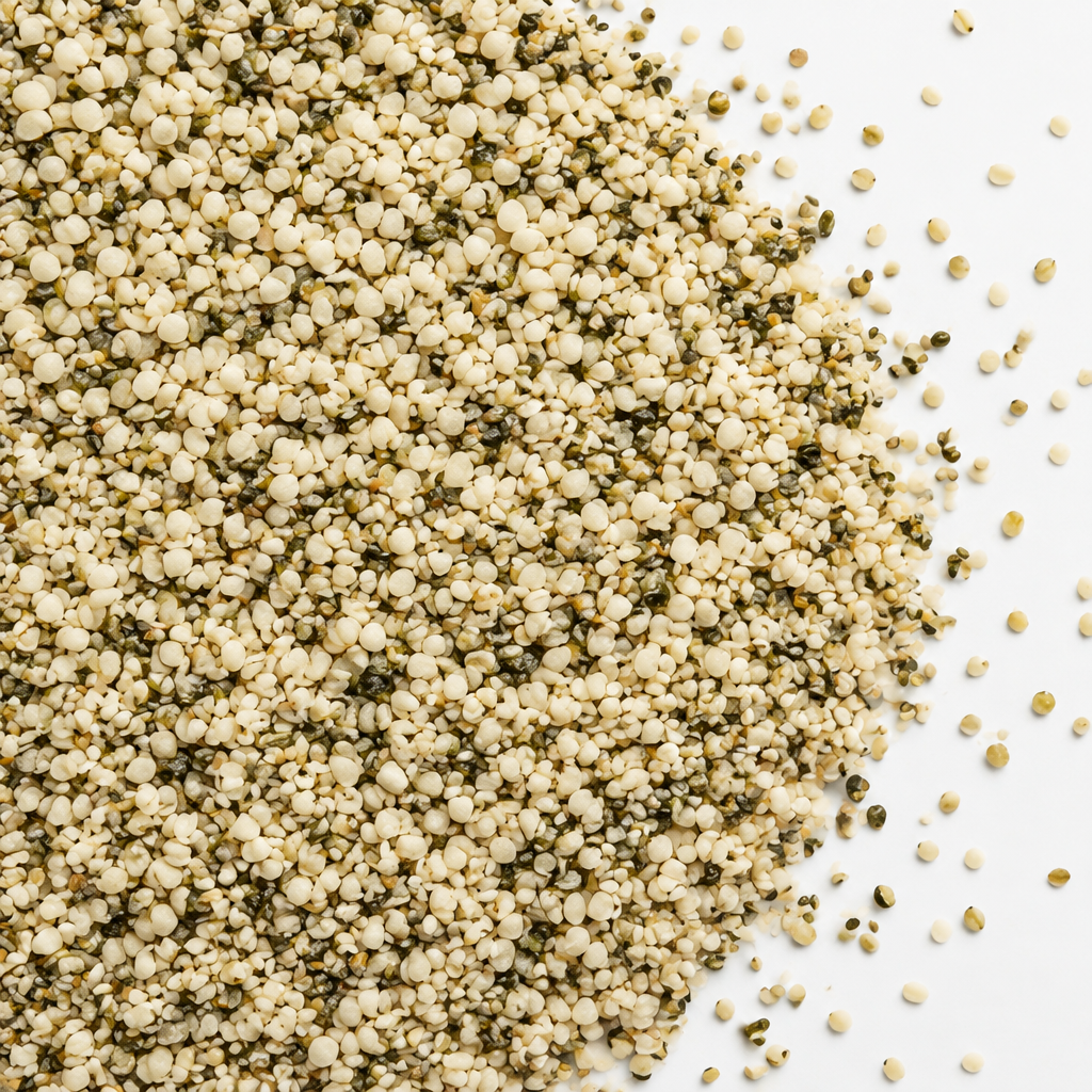 Close-up of loose organic hulled hemp seeds