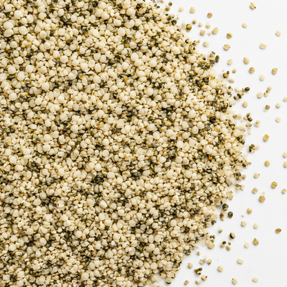 Close-up of loose organic hulled hemp seeds