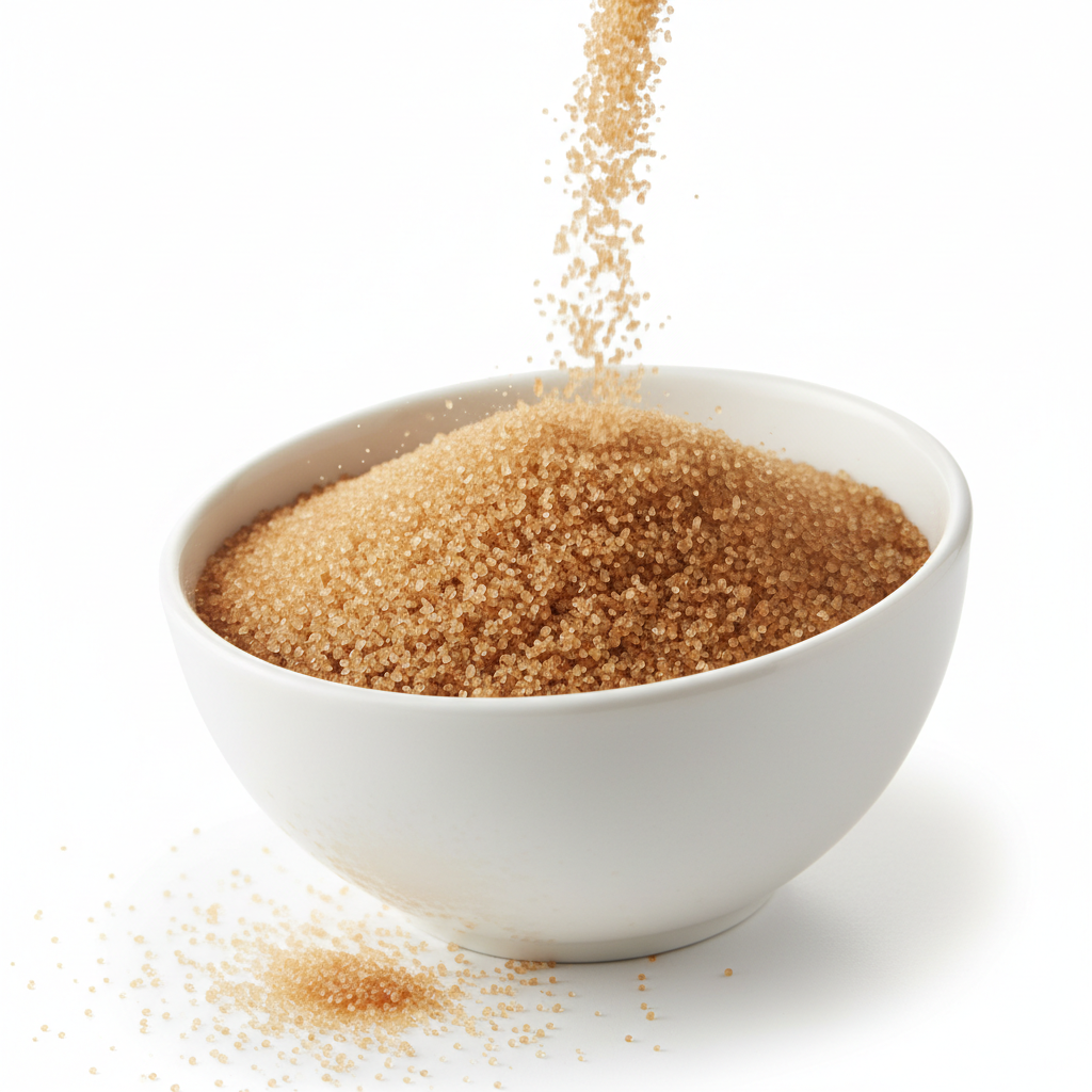 Free flowing granulated brown sugar in white bowl - angled view