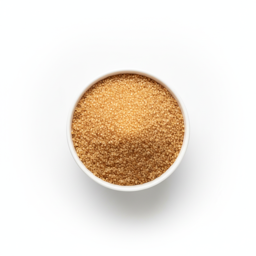 Free flowing granulated brown sugar in white bowl 