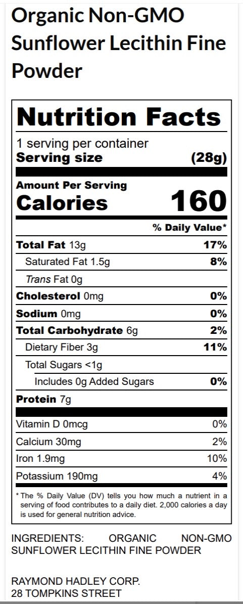 Nutrition facts label for Organic Non-GMO Sunflower Lecithin Fine Powder