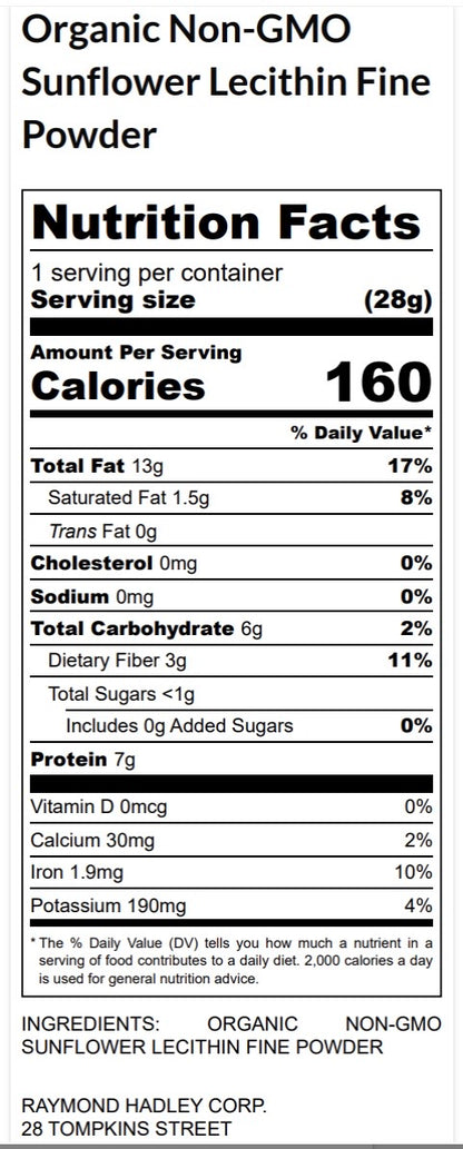 Nutrition facts label for Organic Non-GMO Sunflower Lecithin Fine Powder
