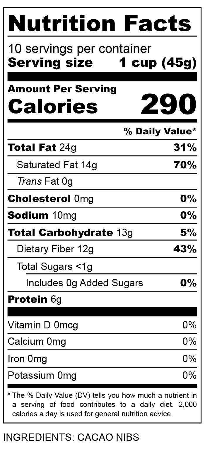 nutritional facts for Organic Cacao Nibs 