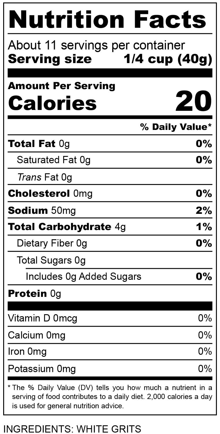 nutritional facts for white snacking grits 