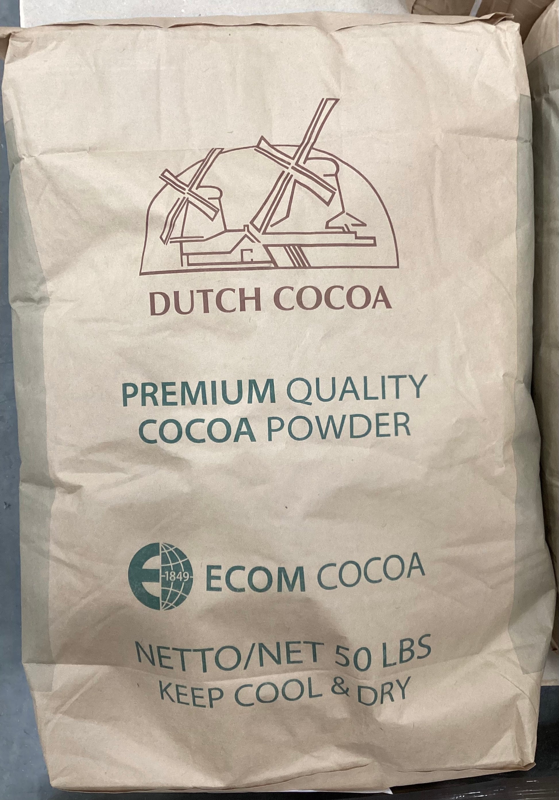 Bag of Dutch Cocoa premium quality cocoa powder with Ecom Cocoa branding.