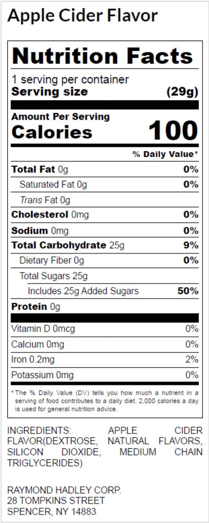 A Nutrition Facts label for Apple Cider Flavor bottled beverage, showing serving size 29g, calories, daily value percentages, ingredients list, and manufacturer contact information.