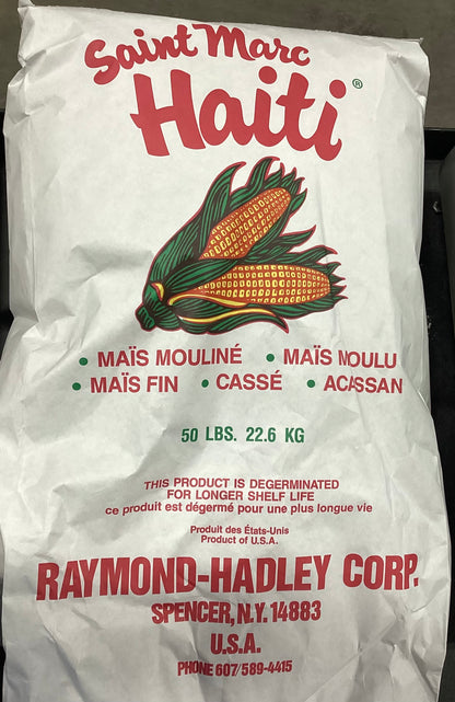 Bag of Saint Marc Haiti corn meal with branding and product details.