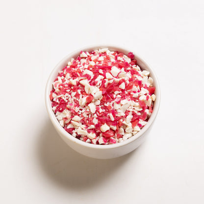A white bowl filled with crushed peppermint candy from RHBULK 
