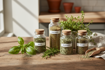 Jars of dried herbs with labels on a wooden surface
