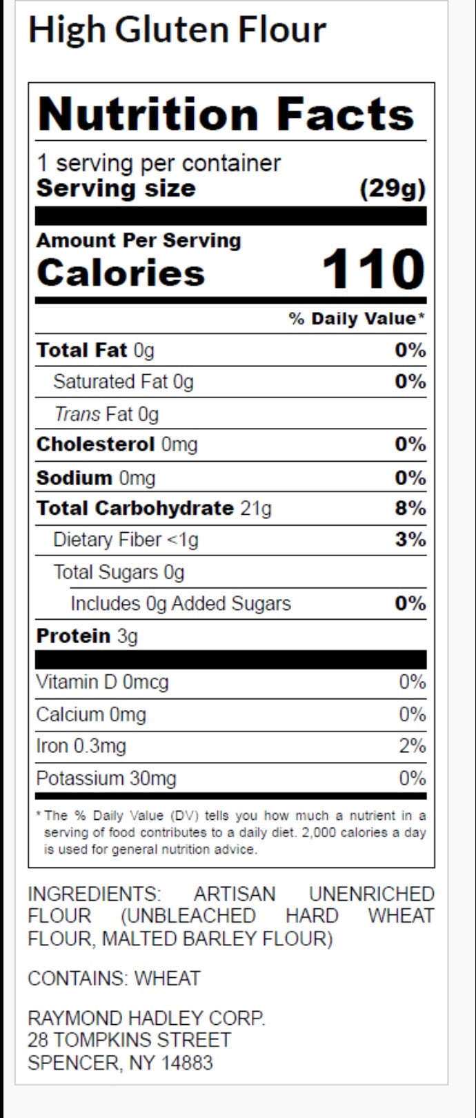 A Nutrition Facts label for High Gluten Flour 