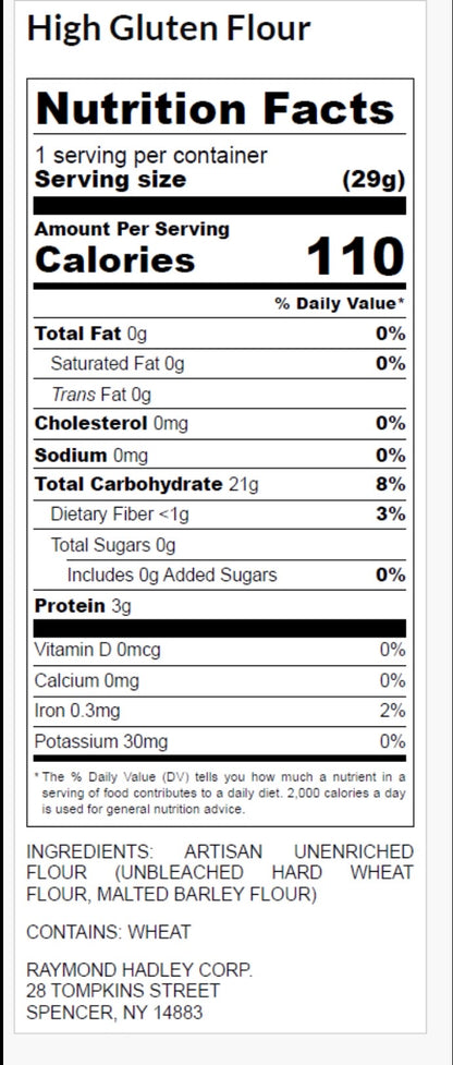 A Nutrition Facts label for High Gluten Flour 