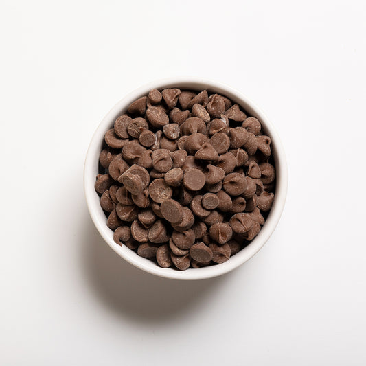 White bowl filled with milk chocolate chips 