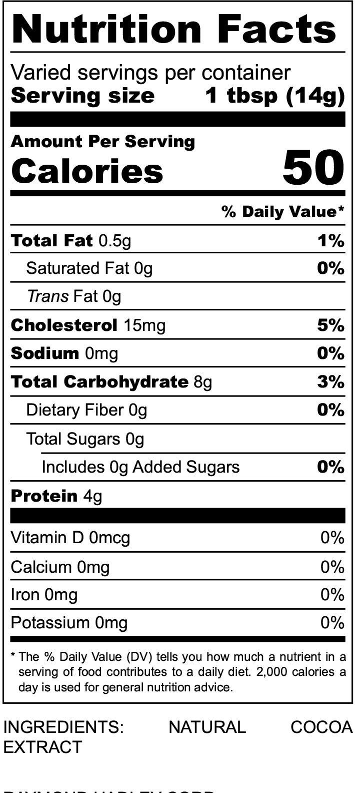 nutritional facts for Natural Cocoa Extract 