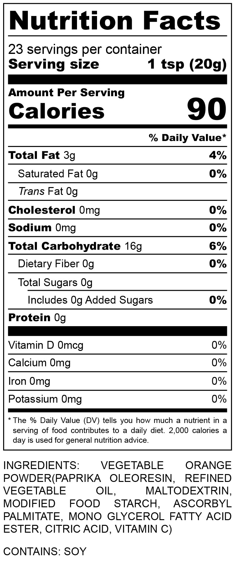 nutritional facts for Orange Vegetable Powder from RHBULK 