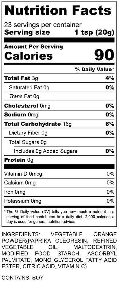 nutritional facts for Orange Vegetable Powder from RHBULK 