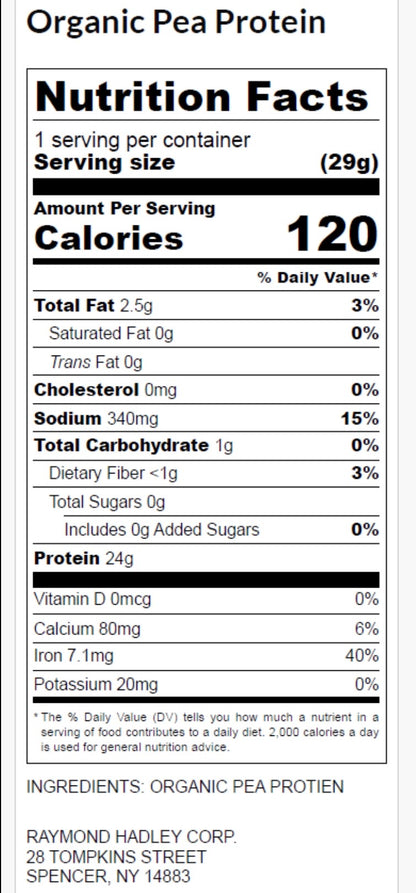A Nutrition Facts label for Organic Pea Protein powder showing serving size, calories, nutrients, and ingredients 