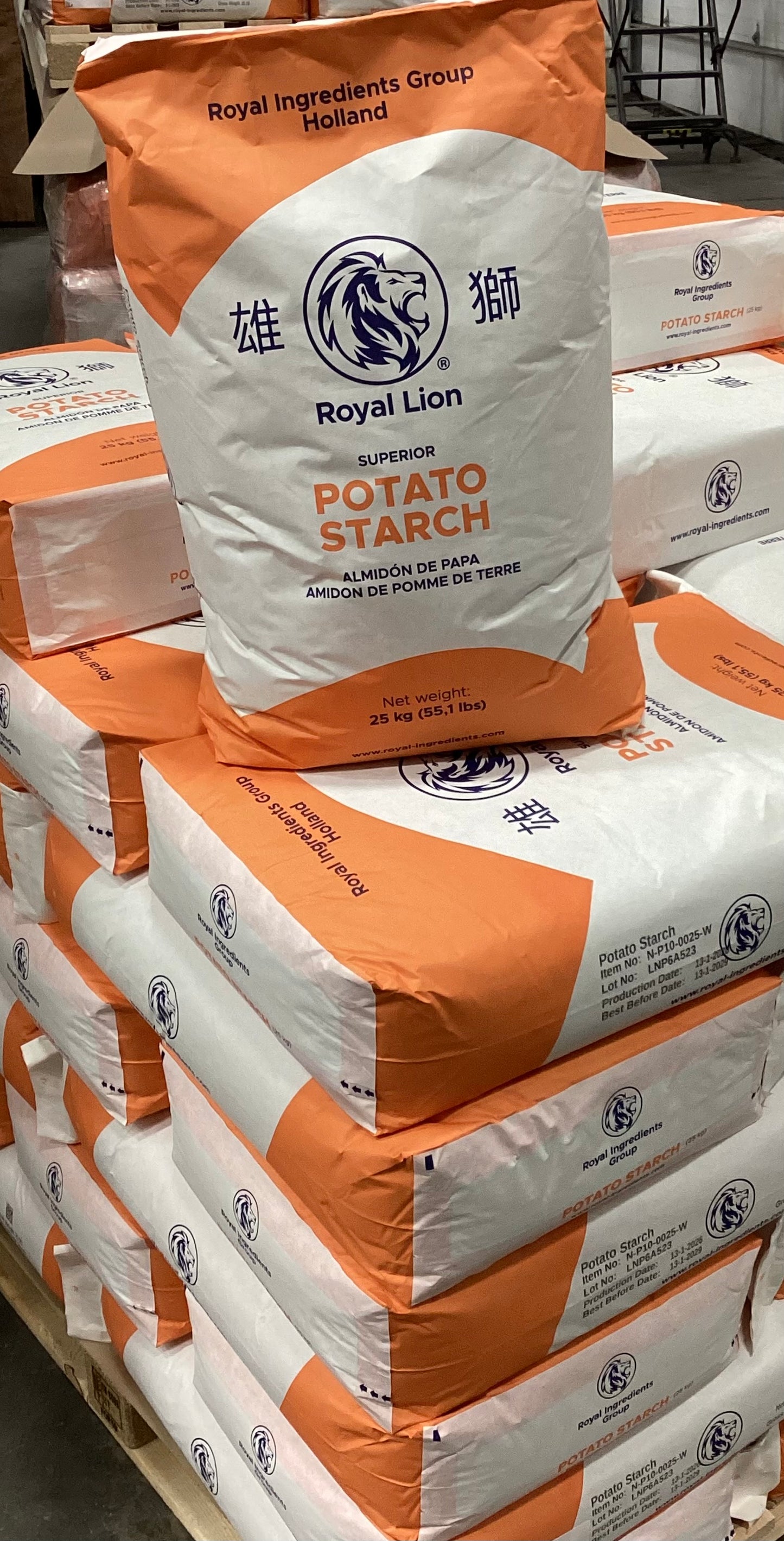 Pallet stacked with bags of Royal Lion potato starch