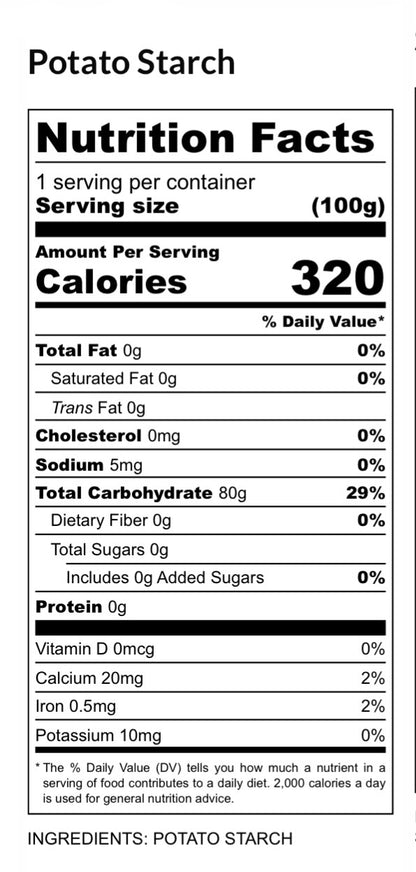 Nutrition facts label for potato starch showing calories, macronutrients, and micronutrients per serving.