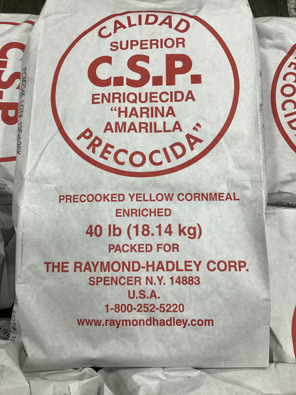 Photo of a 40# bag of Precooked Yellow Cornmeal (Arepa flour)