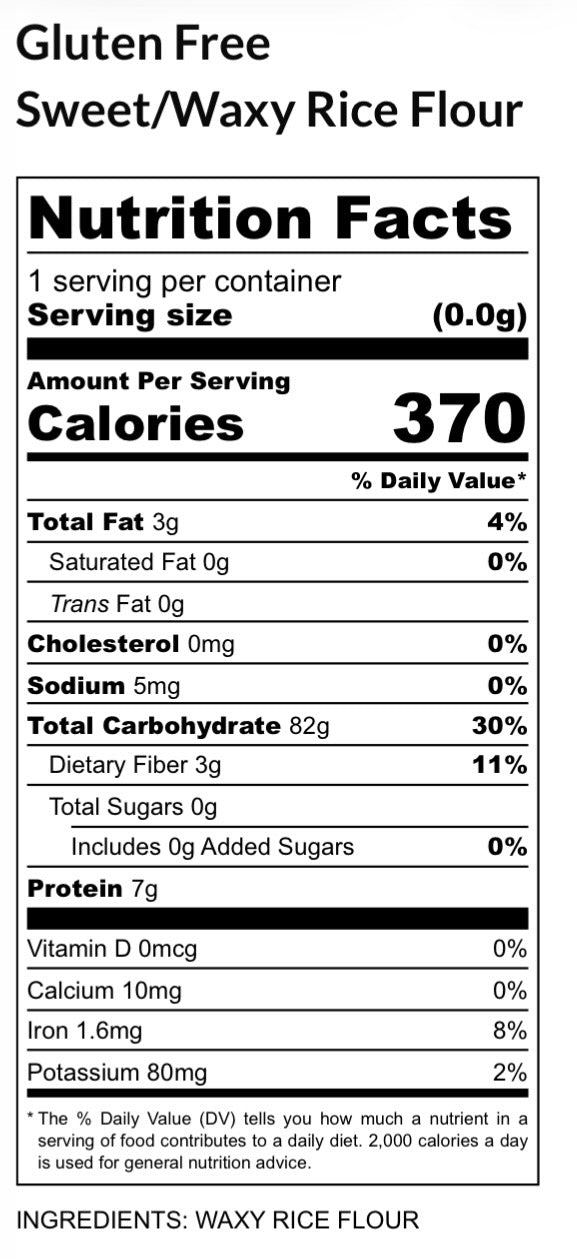 Nutrition facts label for gluten-free sweet/waxy rice flour