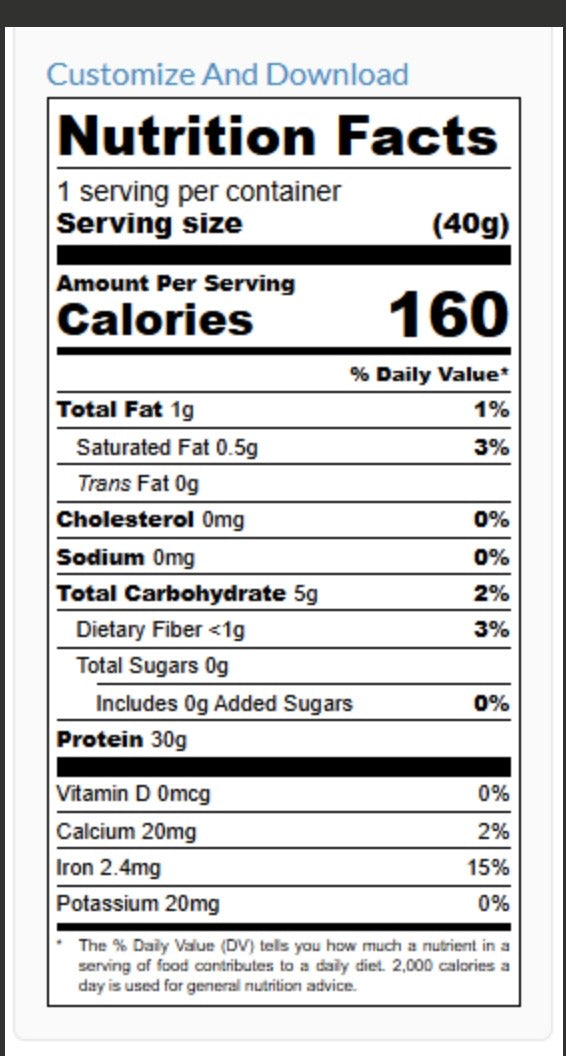 Nutritional facts for Vital Wheat with 75% protein 
