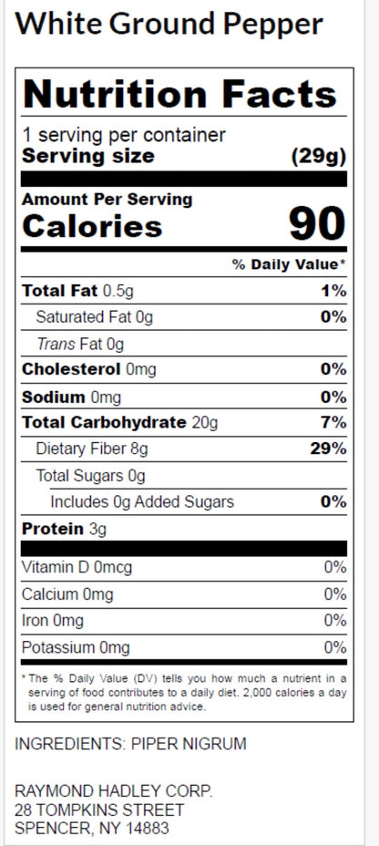 Nutrition Facts label for White Ground Pepper, showing serving size, calories, nutrients, and ingredients information on a black background.