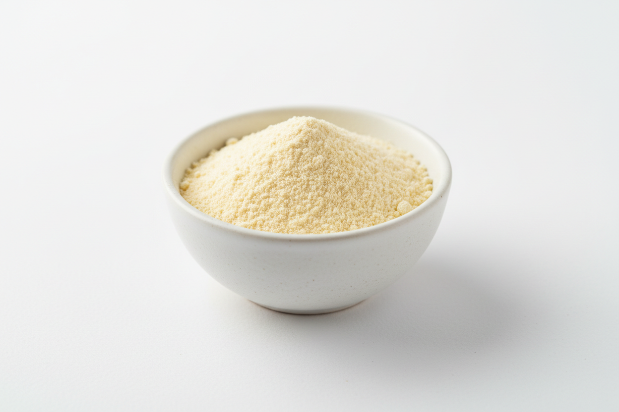 White bowl filled with butter powder on a white background
