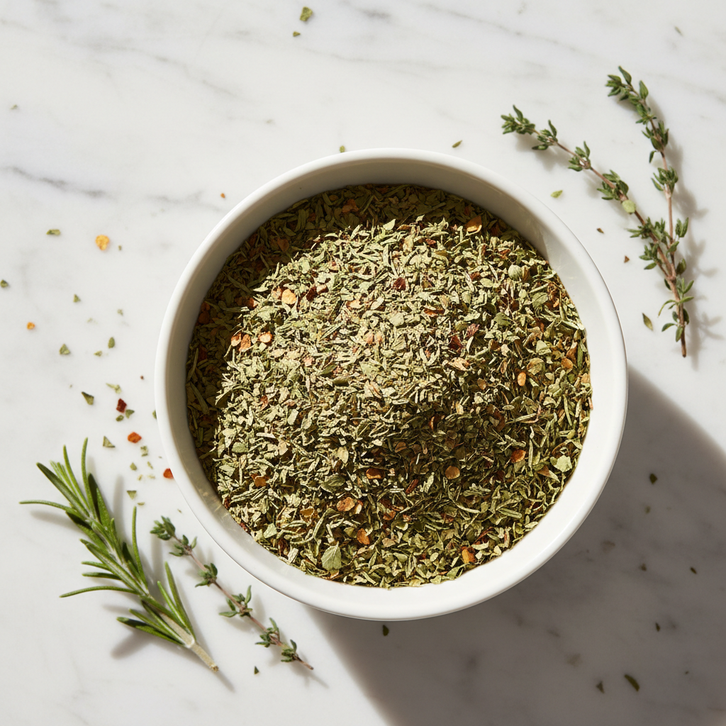 A white bowl filled with Italian Seasoning featuring fresh herbs on the side 