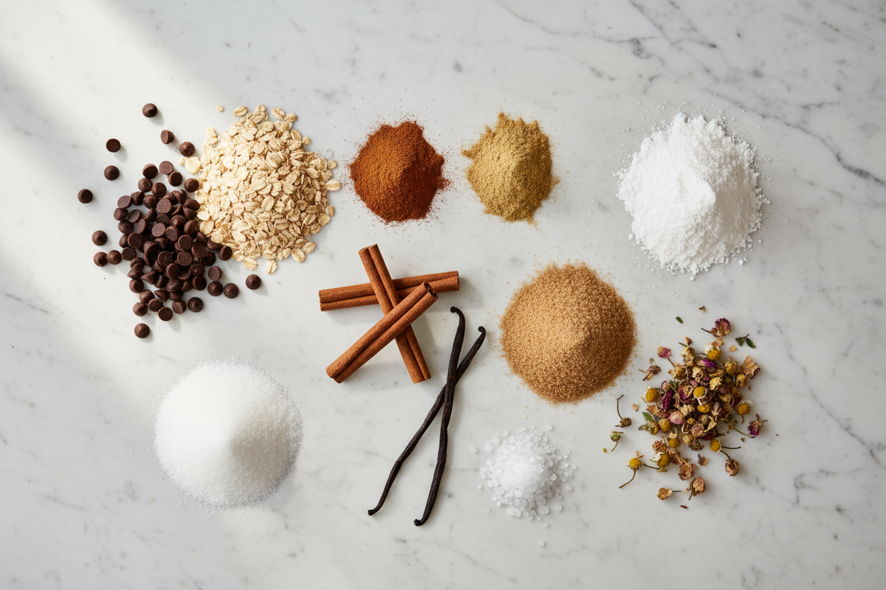 pantry collection ingredients on a counter like spices, sugars, salt and oats 