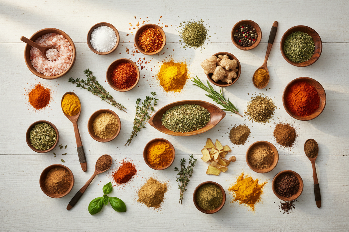 Spices & Seasonings Collection featuring turmeric, cinnamon, oregano, basil, rosemary, thyme, cumin, allspice, nutmeg, ginger, Cayenne 
