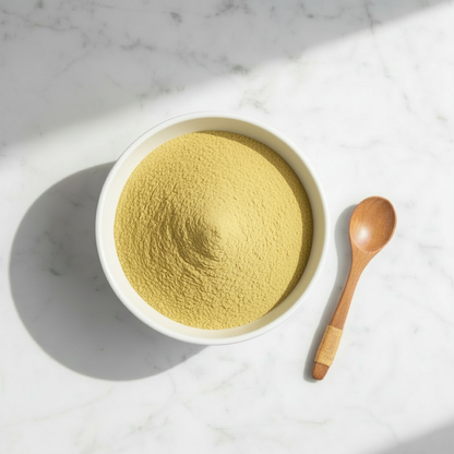 Organic pea protein powder top-down bowl view