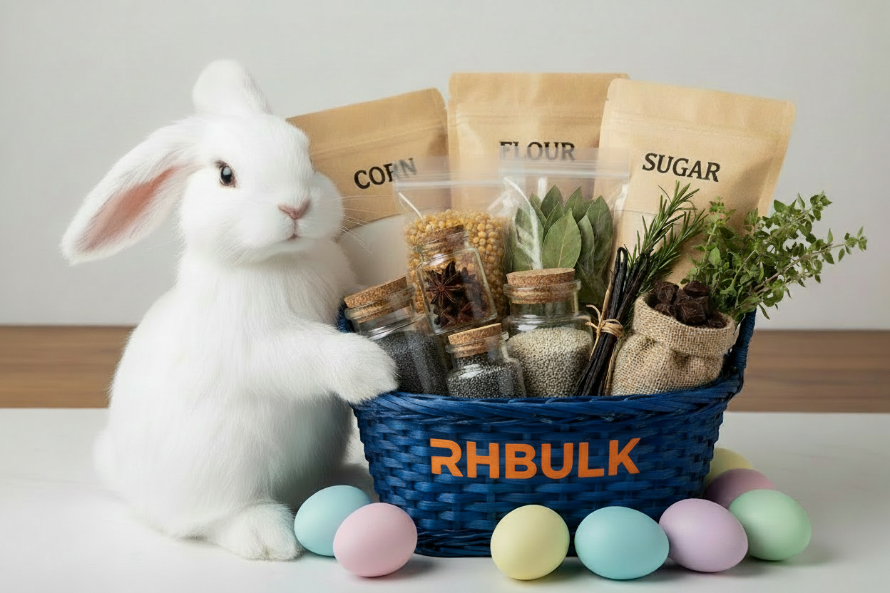 White Easter bunny with blue basket of baking ingredients